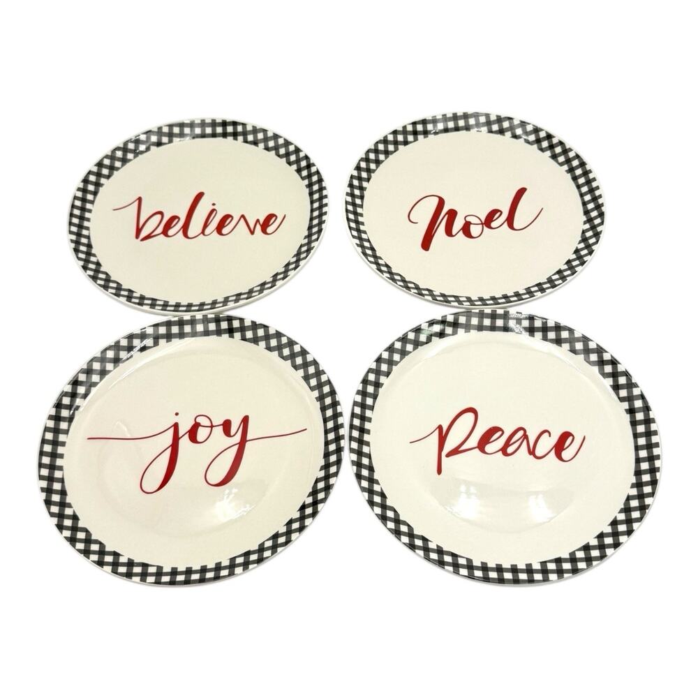 Farmhouse‎ Black Red Christmas Plates Set 4 Dessert Joy Peace Noel Believe NWOT